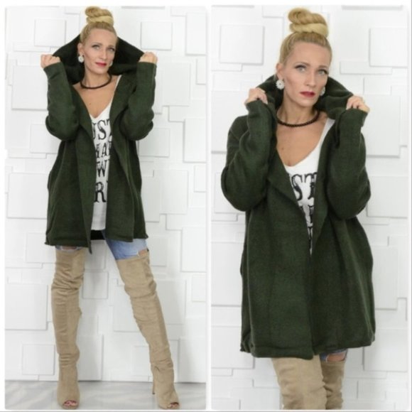 MODA ME COUTURE Sweaters - MOSSY GREEN HOODED CARDIGAN